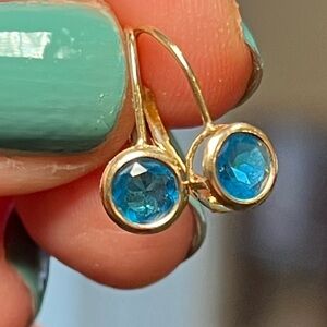 VTG Dainty Bezel Swiss Blue Topaz 14k Solid Yellow Gold Drop Leverback Earrings